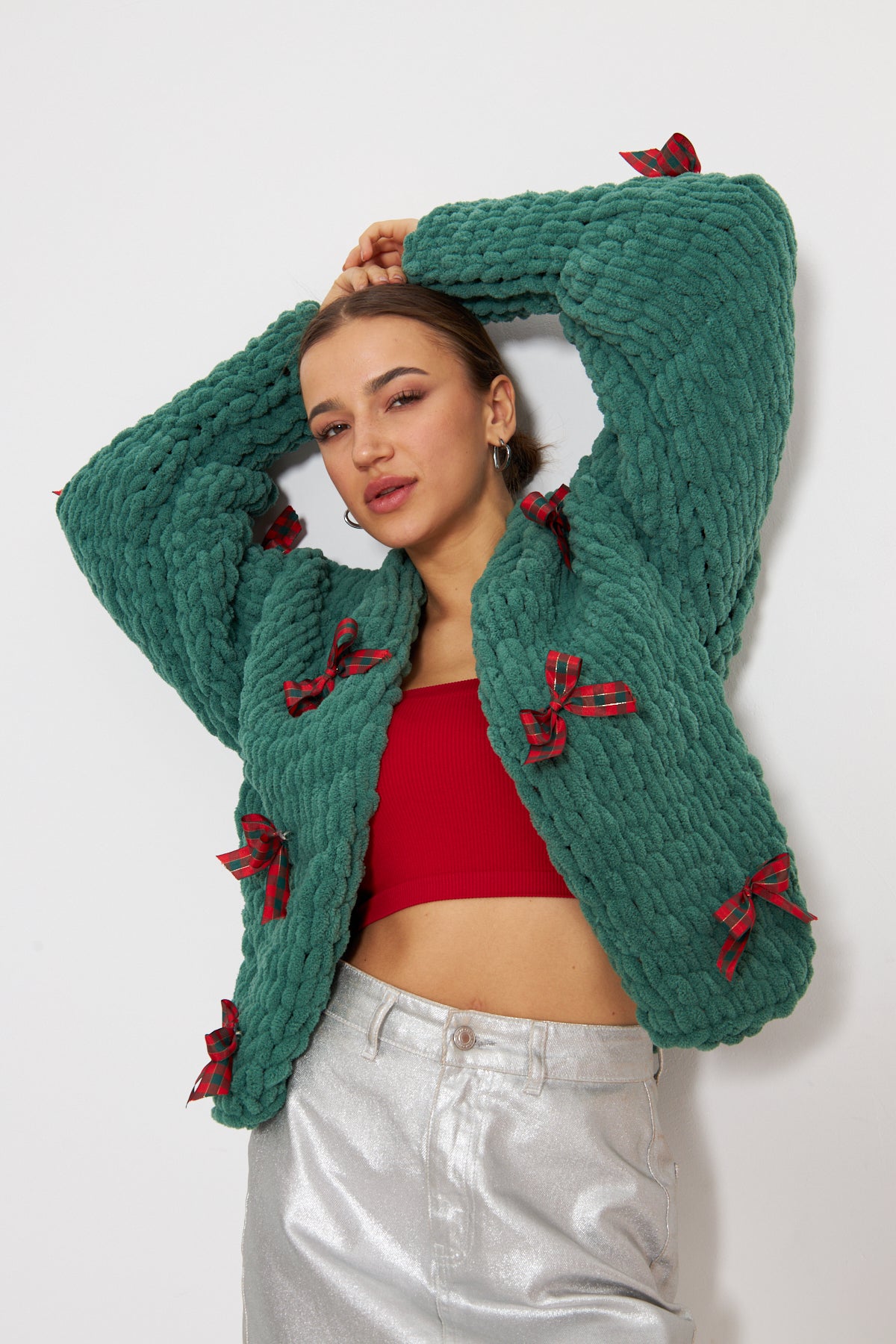 ASIA- CHRISTMAS GREEN COLOR KNIT CARDIGAN