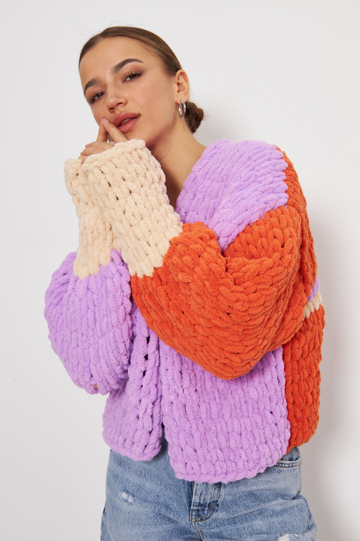 ZENA- ORANGE PURPLE COLOR KNIT CARDIGAN