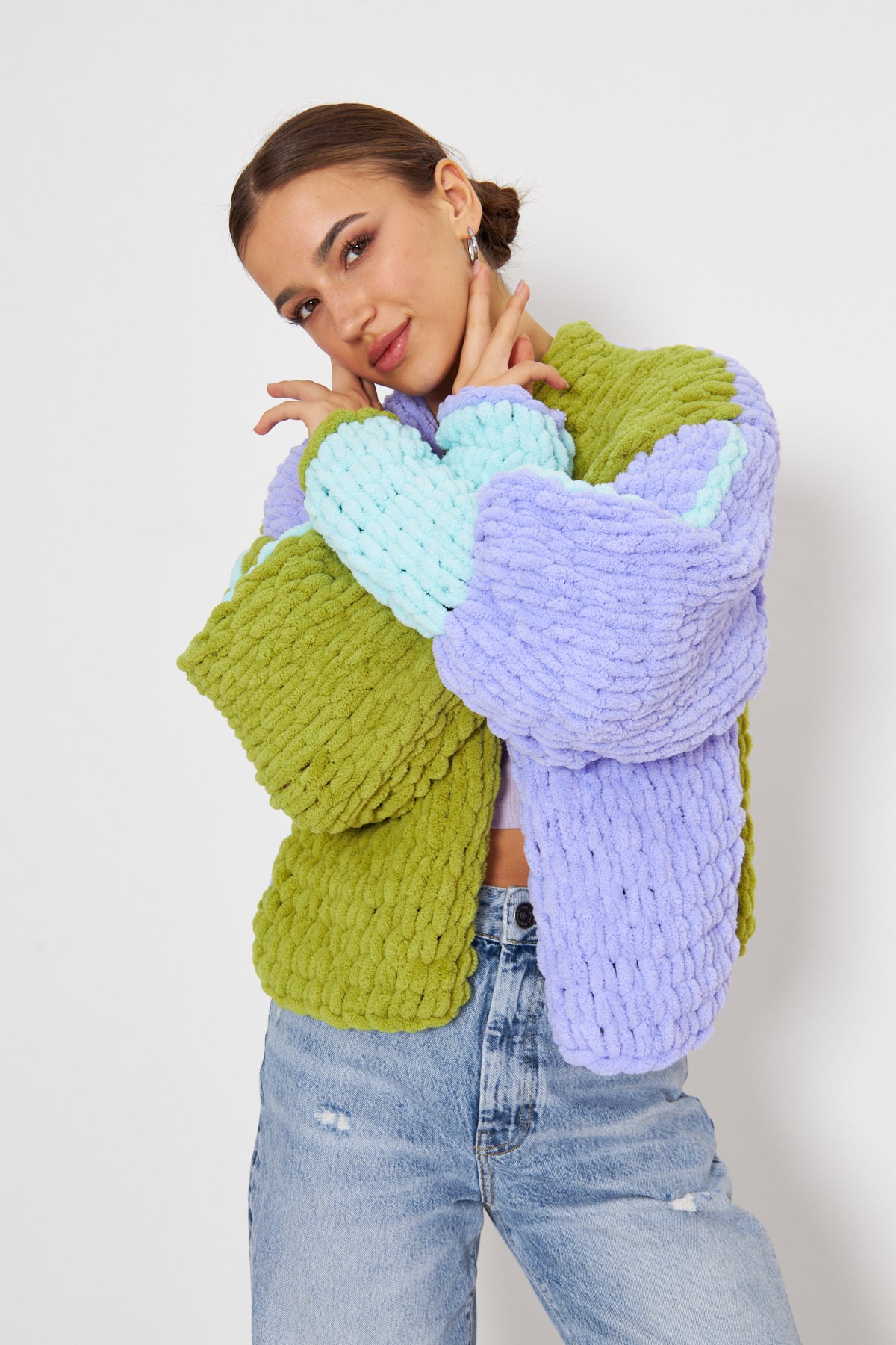 BEA- PURPLE GREEN COLOR KNIT CARDIGAN