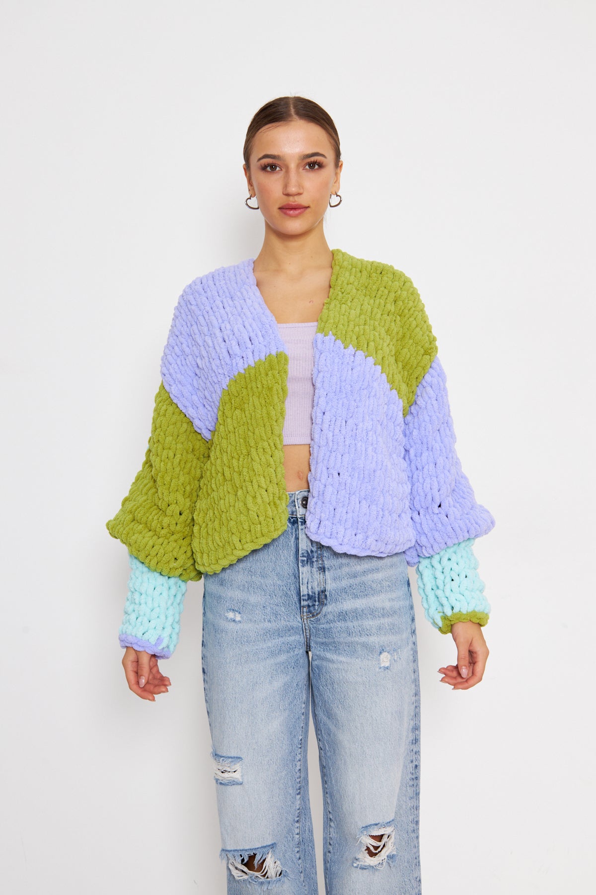 BEA- PURPLE GREEN COLOR KNIT CARDIGAN