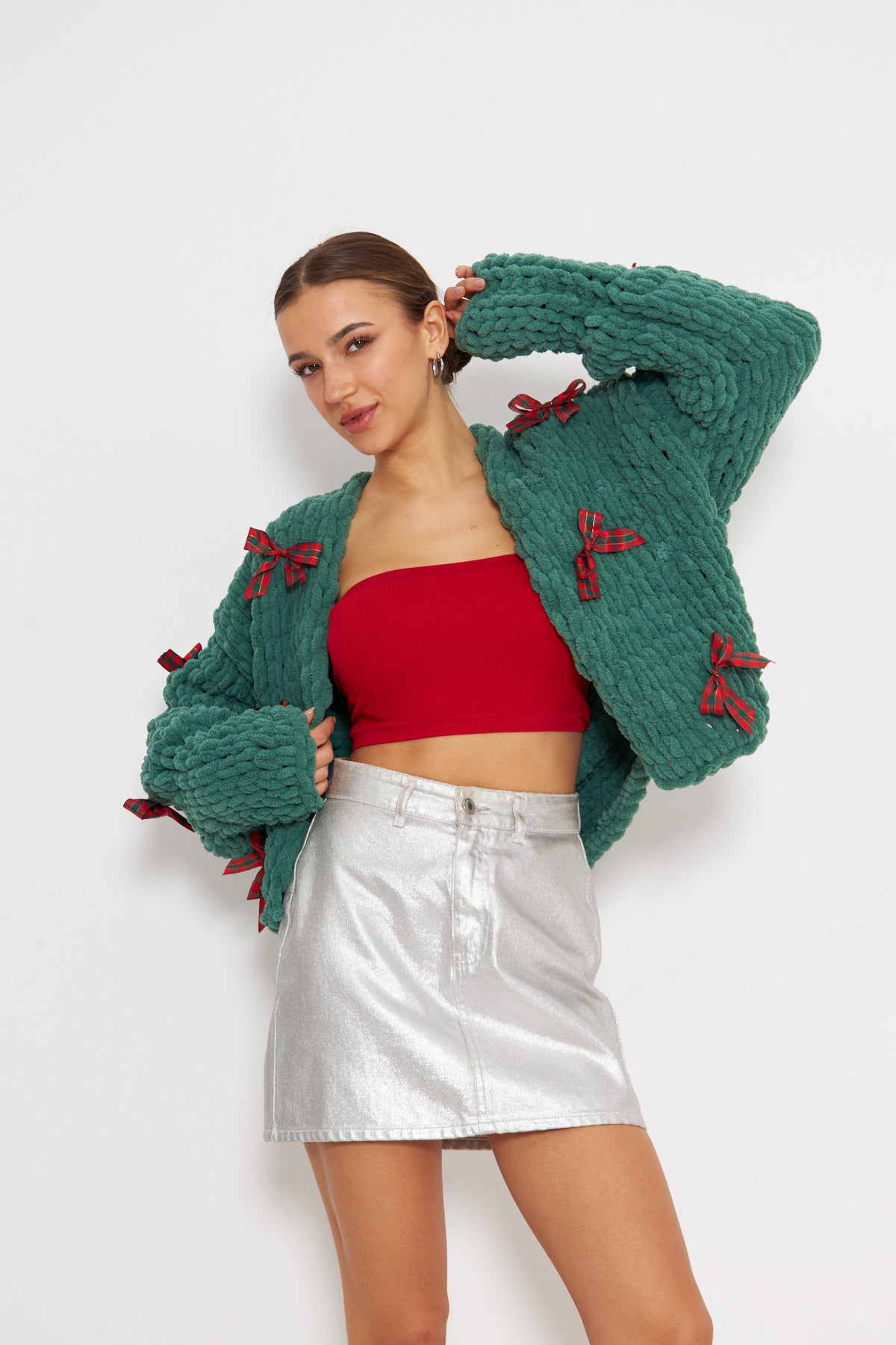 ASIA- CHRISTMAS GREEN COLOR KNIT CARDIGAN